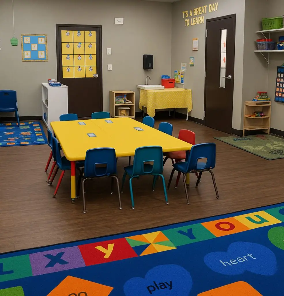 Plant City Learning Center preschool classroom with colorful tables, activity rug, and learning materials